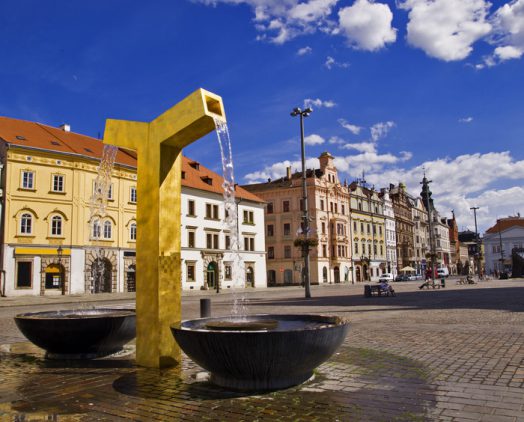 Golden fountain on the square in Pilsen